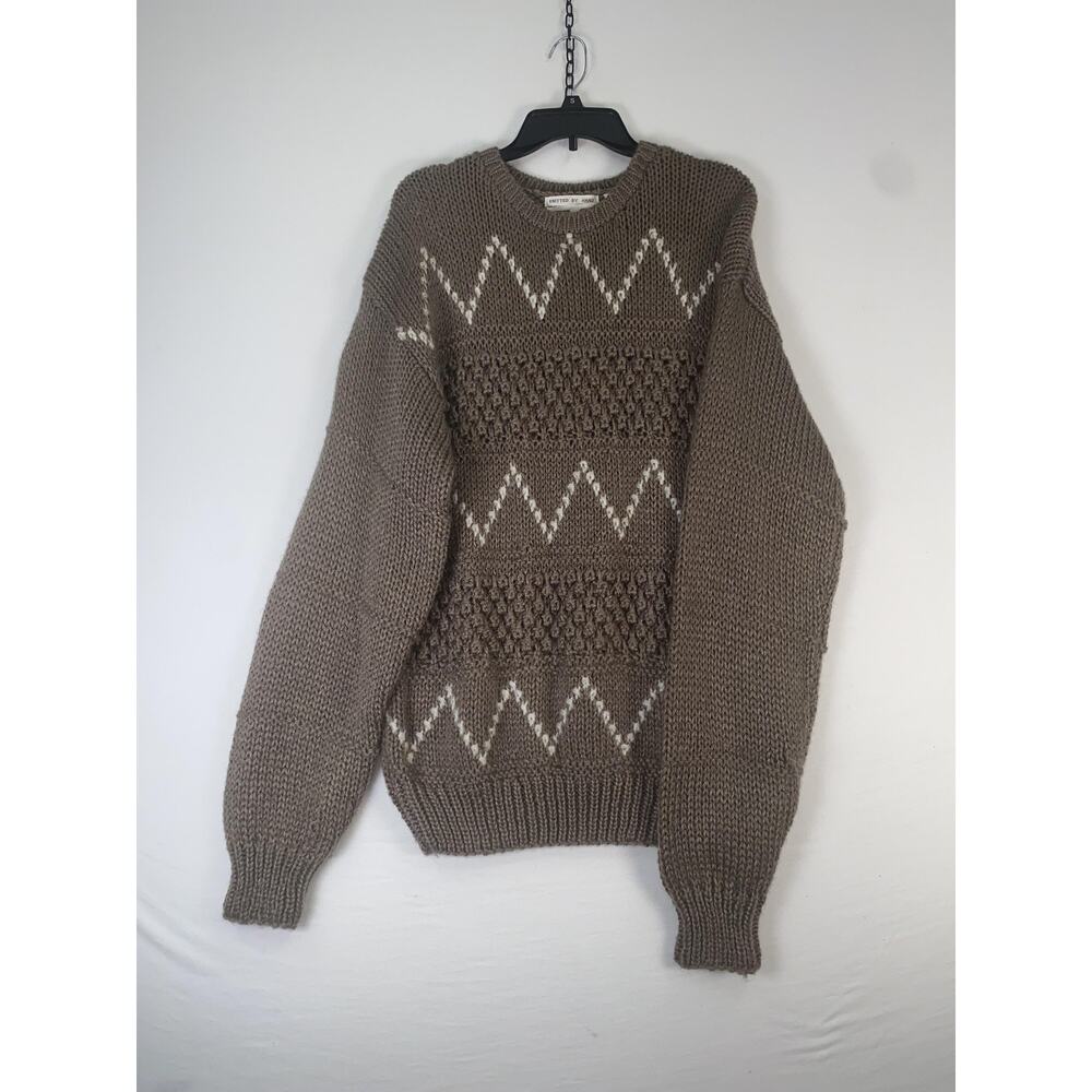 Vintage Wayne Scott Sweater Mens Large Brown Chunky Knit Geometric Pattern